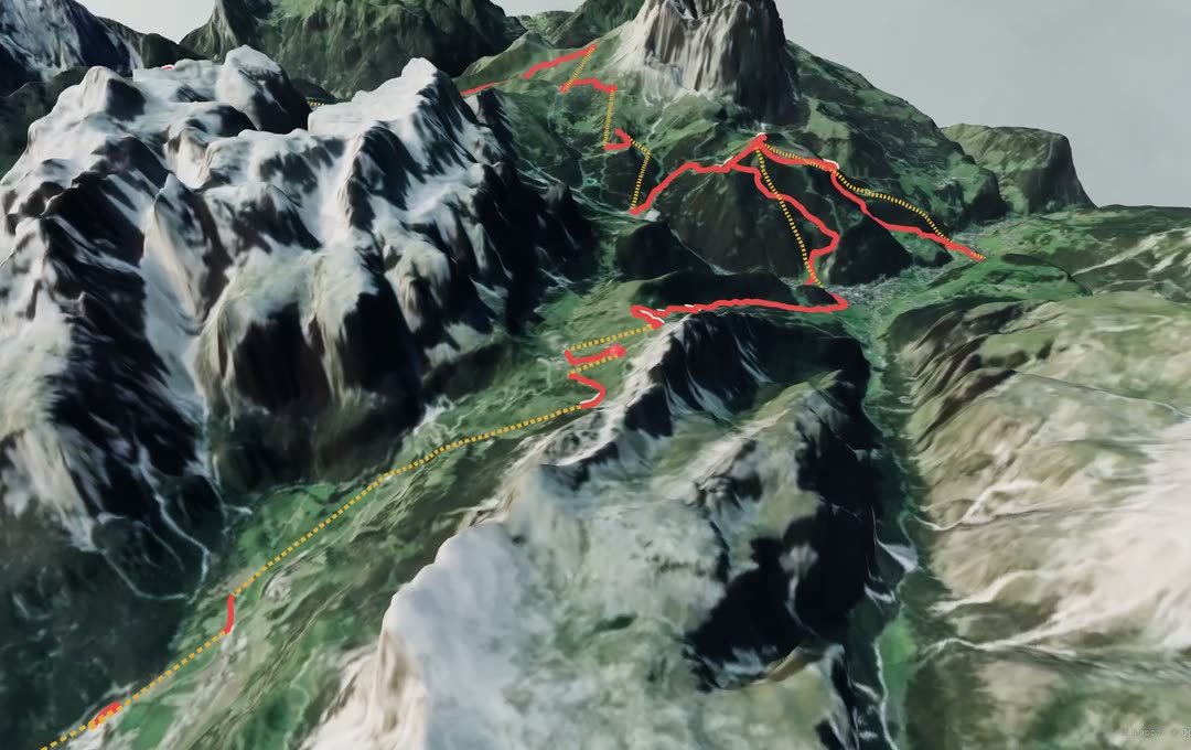 Satellite imagery draped over the 3D Sella massif in the Dolomites, with the route and lifts in red and yellow.